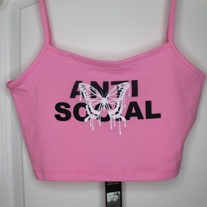 Anti Social Verbiage Spaghetti Strap w/Butterfly Cropped Tank